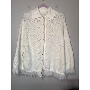 1970s Crisp White Scalloped Fringe Granny Coquette Collared Poncho Sweater XL